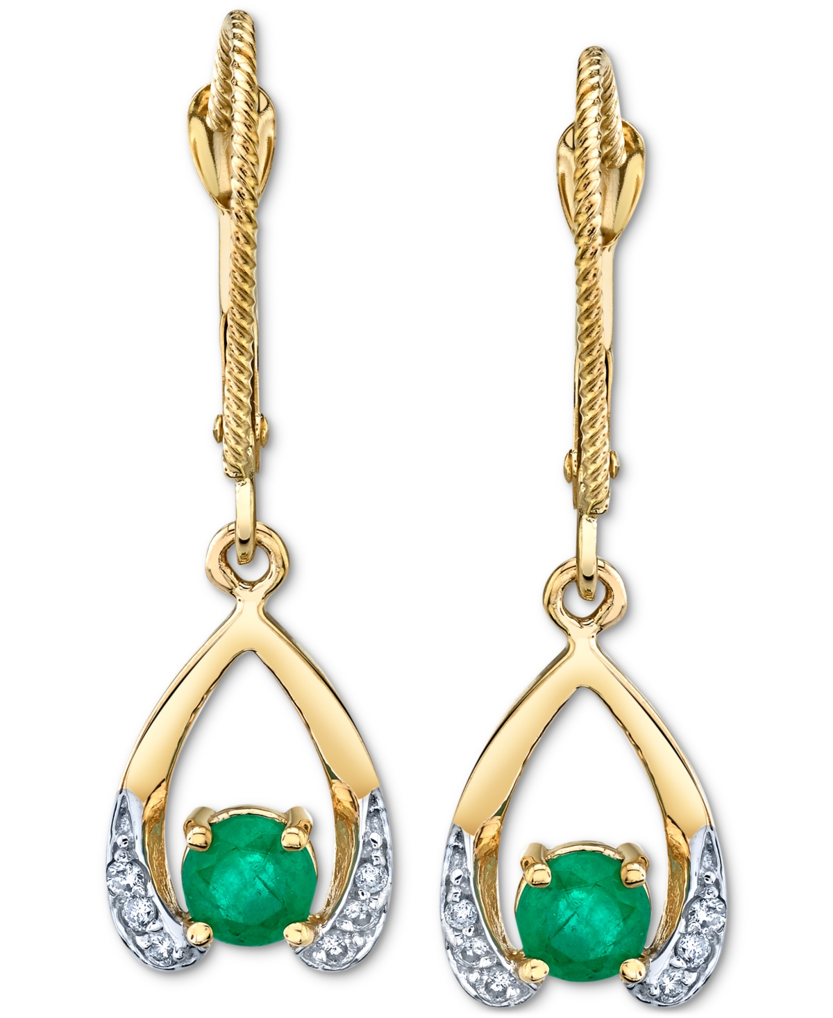 Emerald (5/8 ct. t.w.) & Diamond (1/10 ct. t.w.) Drop Earrings in 14k- Gold