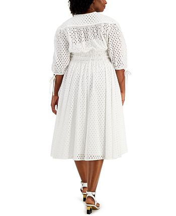 Taylor Women's Cotton Eyelet Midi Dress - V-Neck With Smocked Waist And Tie Elbow Sleeves - View #10