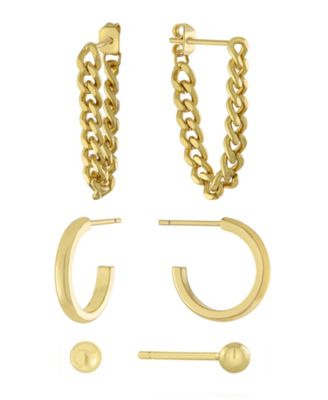 3pc Post Ball, Hoop and Chain Earring Set in Gold or Silver Plated