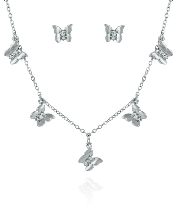 GUESS Silvertone And Crystal Charmy Butterfly Neck And Stud Set Macy's