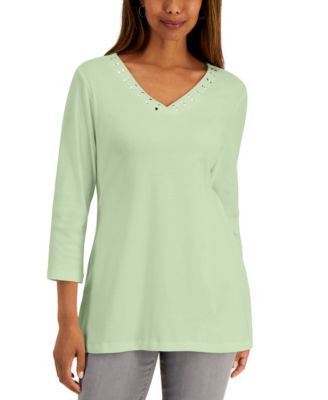 Karen Scott - Embellished 3/4-Sleeve V-Neck Tunic Top