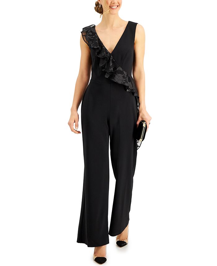 Mesh Contrast Lace-Up Ruffle Jumpsuit