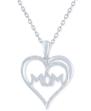 Macy's Diamond Accent Mom Heart 18" Pendant Necklace In Sterling Silver In White