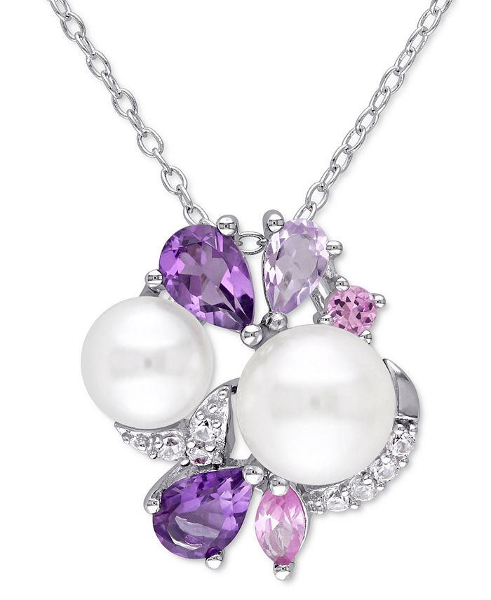 Macy's - Cultured Freshwater Pearl (6-1/2 & 7-1/2mm) & Multi-Gemstone (1-3/8 ct. t.w.) Cluster 18" Pendant Necklace in Sterling Silver
