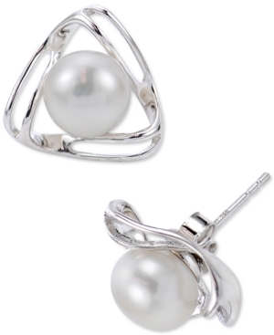Macy's Cultured Freshwater Pearl (8mm) Triangle Stud Earrings In Sterling Silver