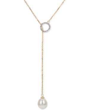 Macy's Cultured Freshwater Pearl (9mm) & Diamond Accent 20" Adjustable Lariat Necklace In 14k Gold In 14k Yellow Gold