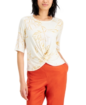 Alfani Twist-front Floral Print Top, Created For Macy's In Natural Lily Floret