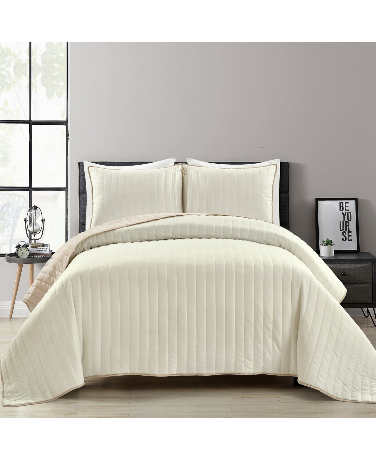 Lush Decor Soft Stripe All Season 3 Piece Quilt Set, - Ivory