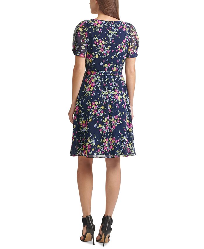 DKNY Floral-Print Puff-Sleeve Faux-Wrap Dress - Macy's