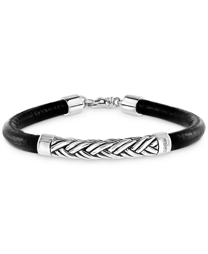 EFFY Collection - Men's Woven-Look Black Leather Bracelet in Sterling Silver