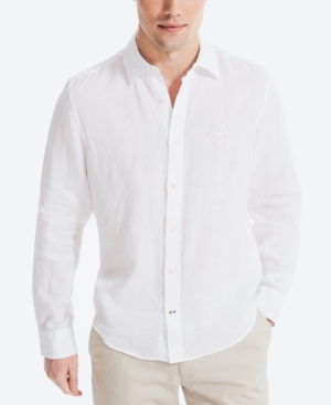 Nautica Men's Classic-fit Long-sleeve Button-up Solid Linen Shirt In Bright White