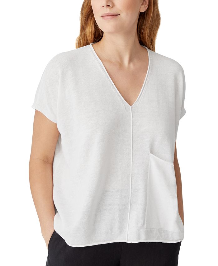 Eileen Fisher Short-Sleeve V-Neck Organic Linen Top Sweater New 