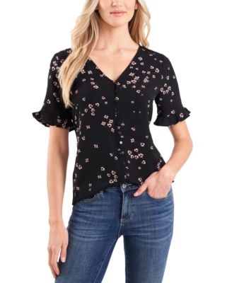Women's Cascading Florets Short Ruffled Sleeve Top