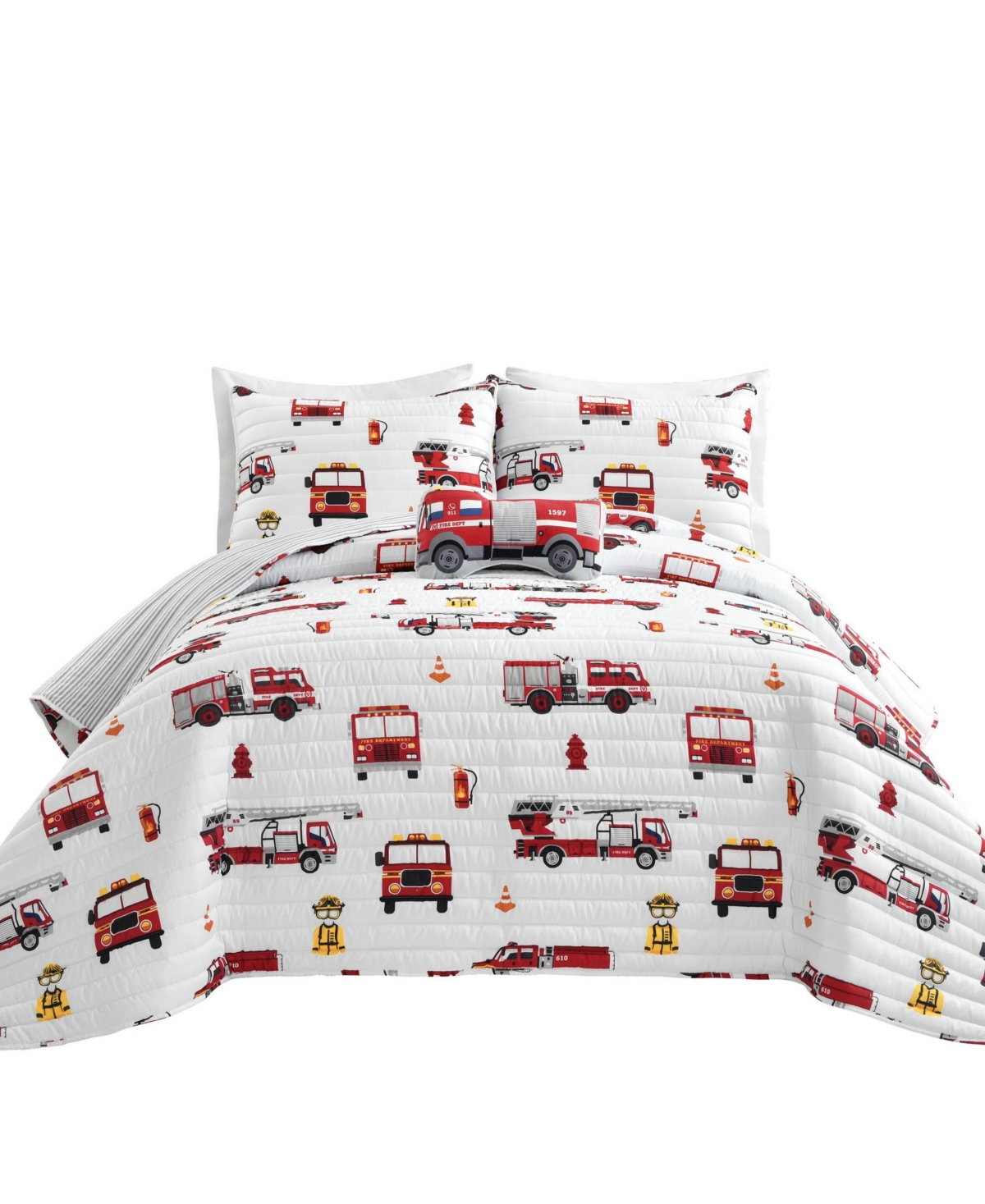 Lush Decor Fire Truck 3 Piece Quilt Set for Kids, - White