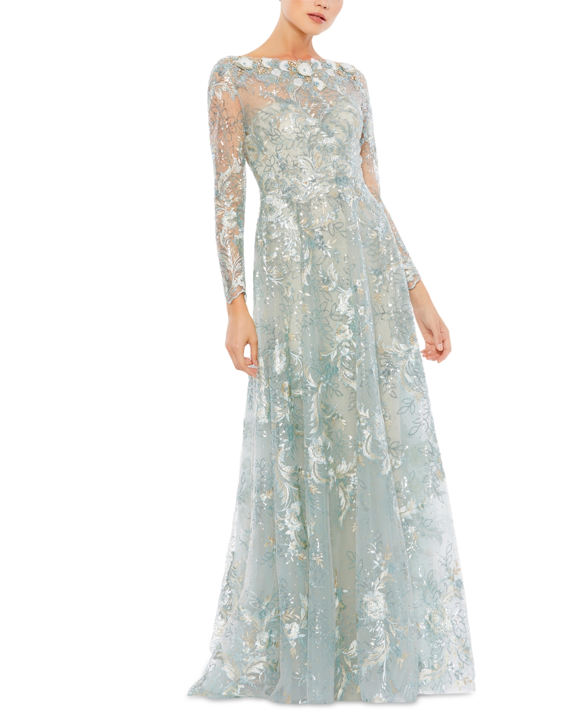 MAC DUGGAL WOMEN'S FLORAL EMBROIDERED ILLUSION LONG SLEEVE GOWN