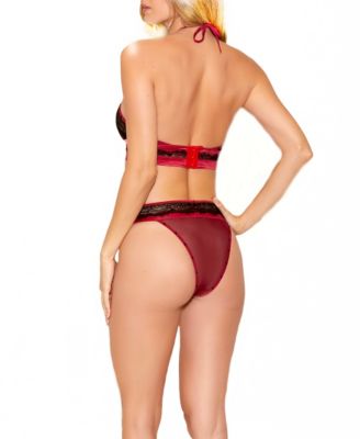 Women's Phoenix Mesh & Floral Halter and Panty Trimmed in Sequins 2pc Lingerie Set