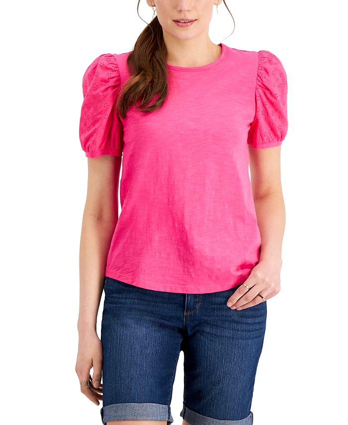 Style & Co Cotton Eyelet Puff-Sleeve Top, Created for Macy's - Macy's