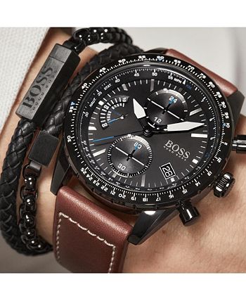 BOSS - Men's Chronograph Pilot Brown Leather Strap Watch 44mm