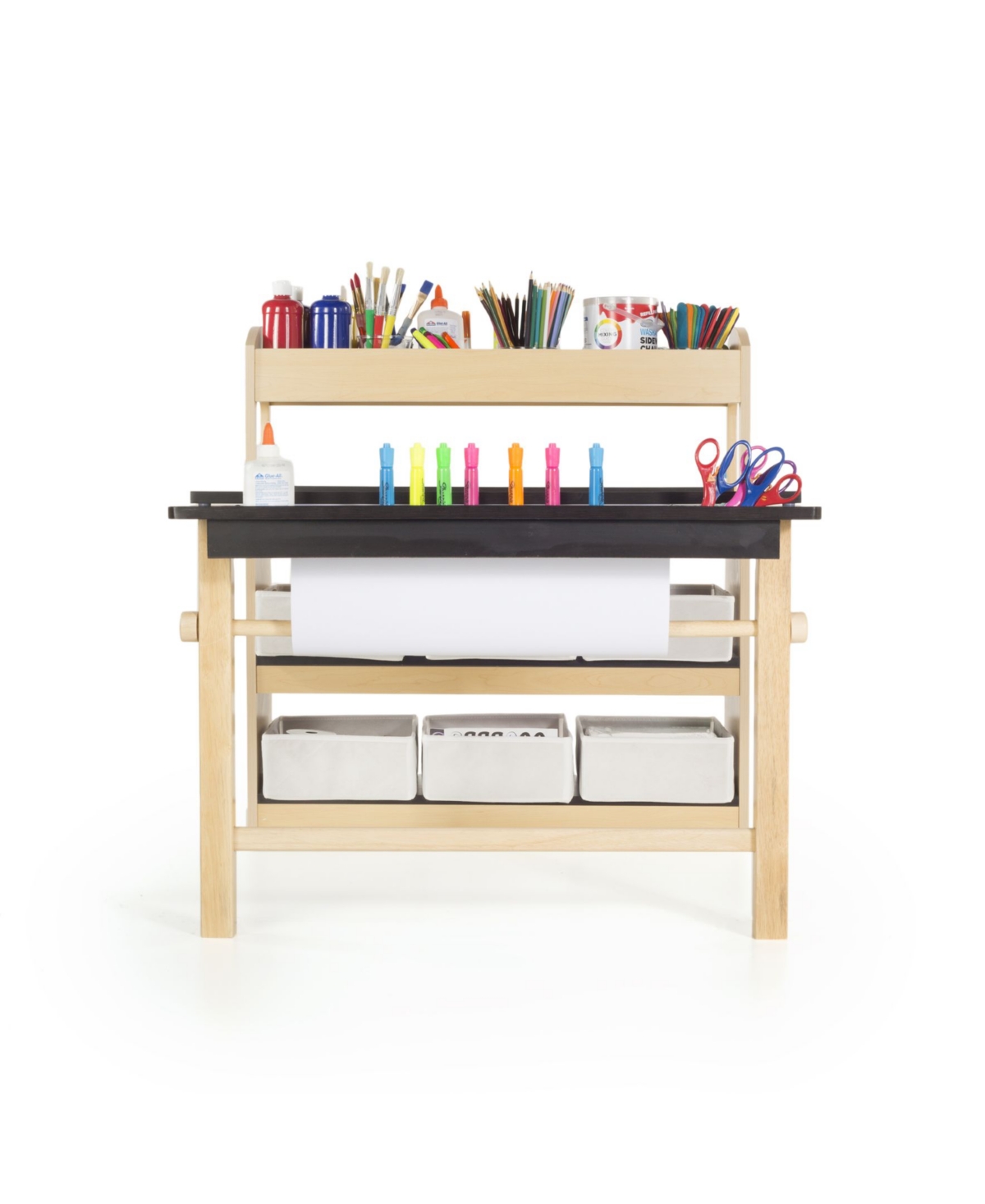 Guidecraft Deluxe Art Center - Natural: Kids Wooden Craft Desk with Shelves, Bins & Paper Roll | Playroom Toddler Table & Chair Set