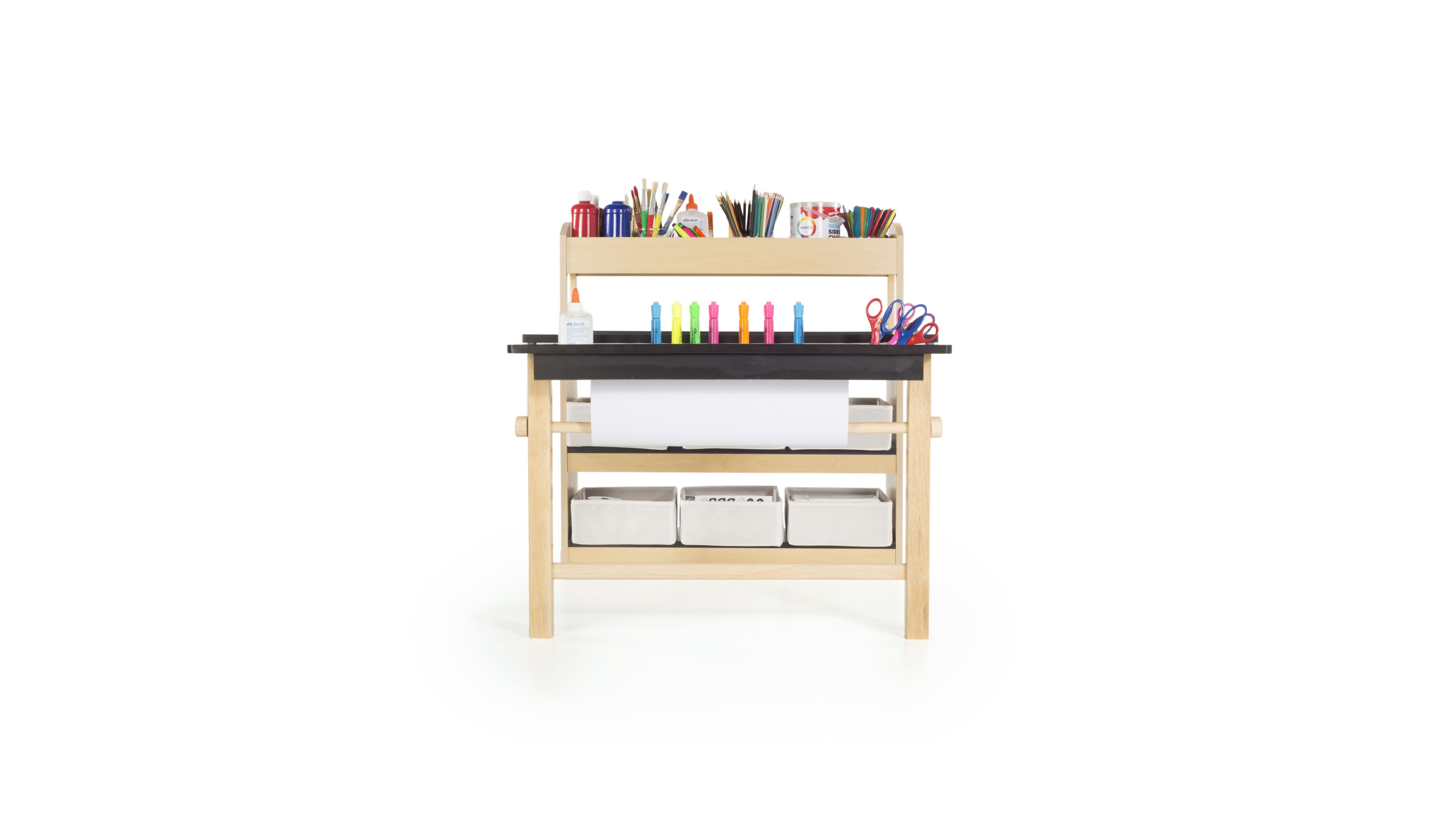 Guidecraft Deluxe Art Center - Natural: Kids Wooden Craft Desk with Shelves, Bins & Paper Roll | Playroom Toddler Table & Chair Set