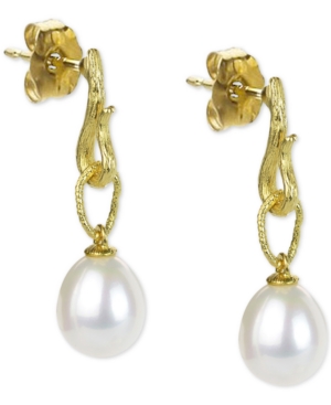 Macy's Cultured Freshwater Pearl (8-1/2mm) Dangle Drop Earrings In 14k Gold In White