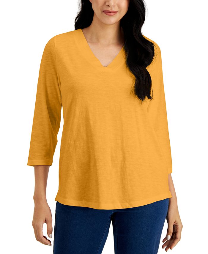Karen Scott V-Neck 3/4-Sleeve Top, Created for Macy's - Macy's