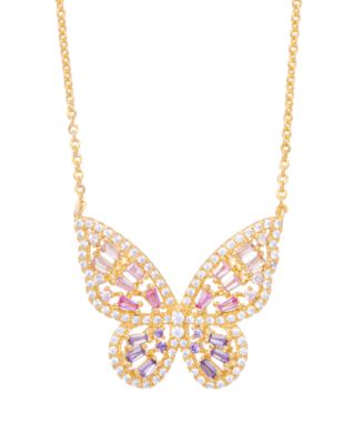 Cubic Zirconia Red Ombre Butterfly Pendant 18" Necklace in Silver Plate, Gold or Rose Gold Plate