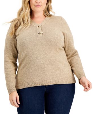 Karen Scott - Plus Size Marl Cotton Hardware Henley Sweater