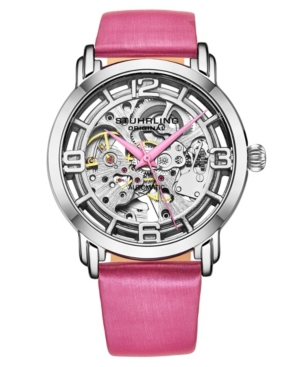 Stuhrling Women's Automatic Pink Genuine Leather Strap Watch 40mm In White
