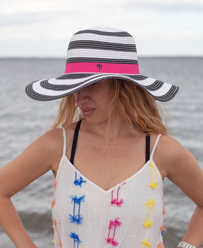 Shady Lady Women's Packable Adjustable Straw Beach Hat with Navy and White Stripes and Pink Band