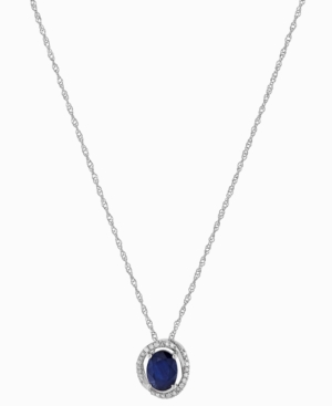 Macy's Sapphire (1-1/2 Ct. T.w.) & Diamond (1/10 Ct. T.w.) Oval Halo 18" Pendant Necklace In 10k White Gold