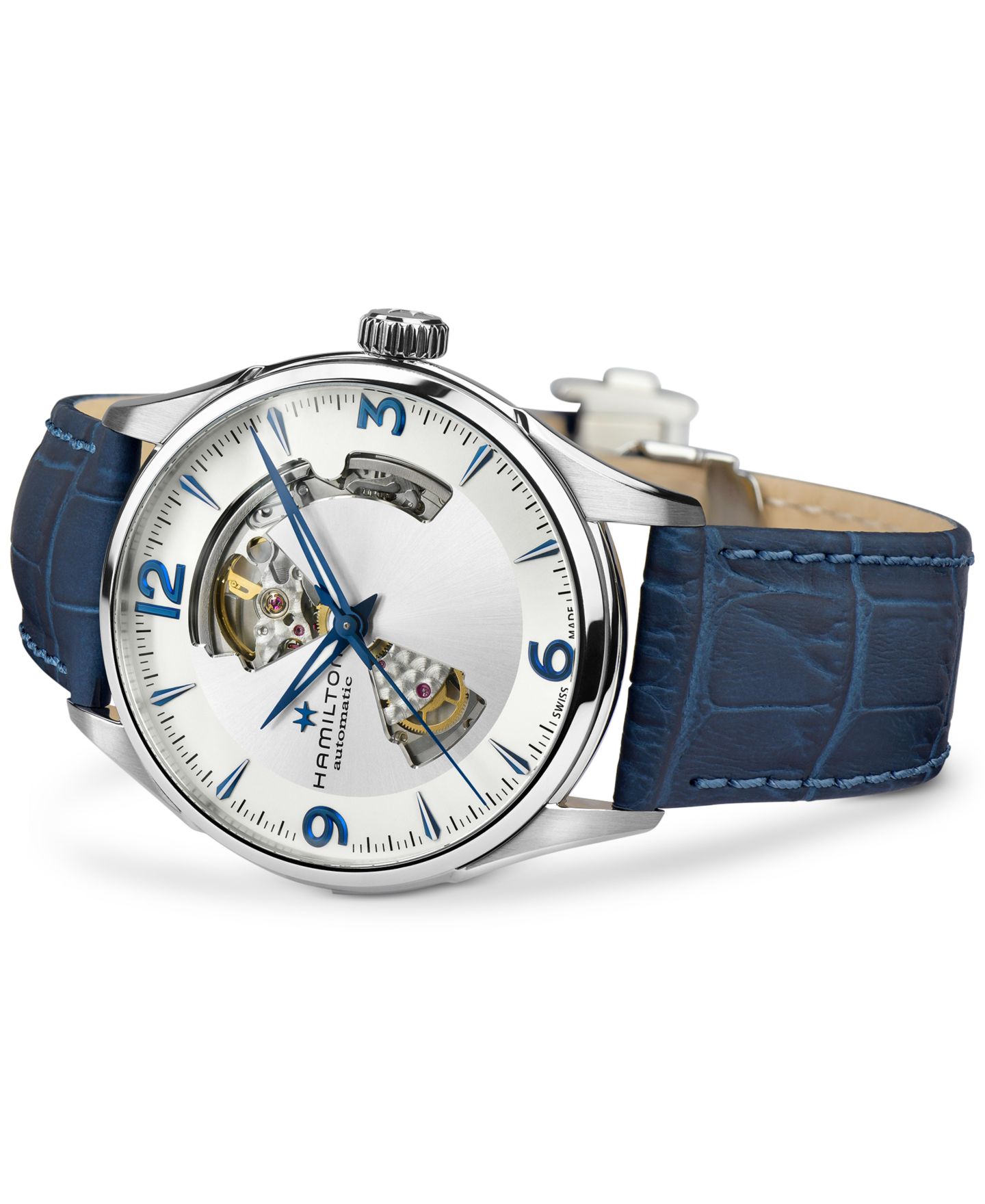 Мужские часы Hamilton Swiss Automatic Jazzmaster Open Heart Blue Leather Strap Watch 42mm — фото 2