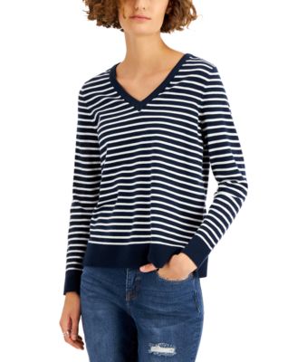 Style & Co - Petite Striped V-Neck Sweater, Created for Macy's