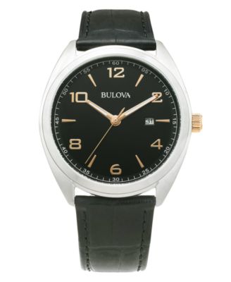 Bulova Men's Black Leather Strap Watch 42mm