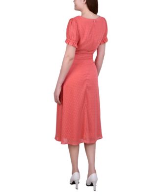 Petite Short Sleeve Belted Swiss Dot Dress