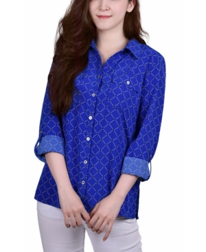 Ny Collection Petite 3/4 Sleeve Roll Tab Notch Collar Blouse In Surf The Web Diapearl