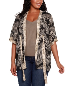 Belldini Black Label Plus Size Palm Print Open Front Kimono Sleeve Cardigan