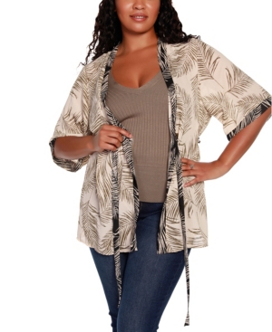 Belldini Black Label Plus Size Palm Print Open Front Kimono Sleeve Cardigan