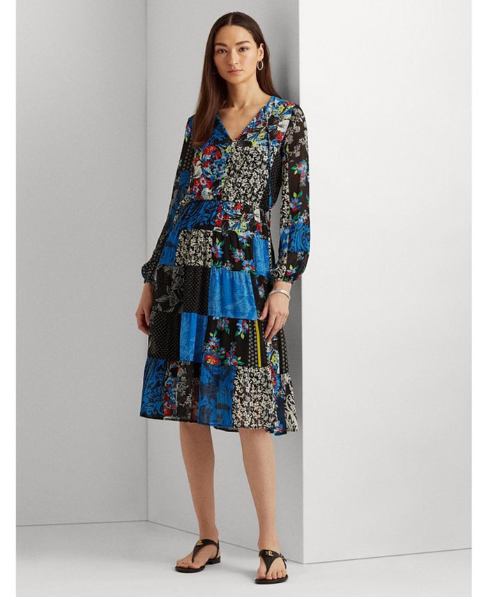 Lauren Ralph Lauren Petite Patchwork Georgette Long Sleeve Dress