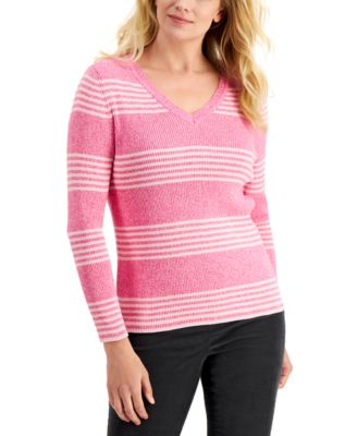 Karen Scott - Claire Cotton Striped Rib V-Neck Sweater