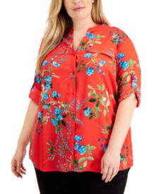 Plus Size Floral-Print Roll-Tab-Sleeves Top