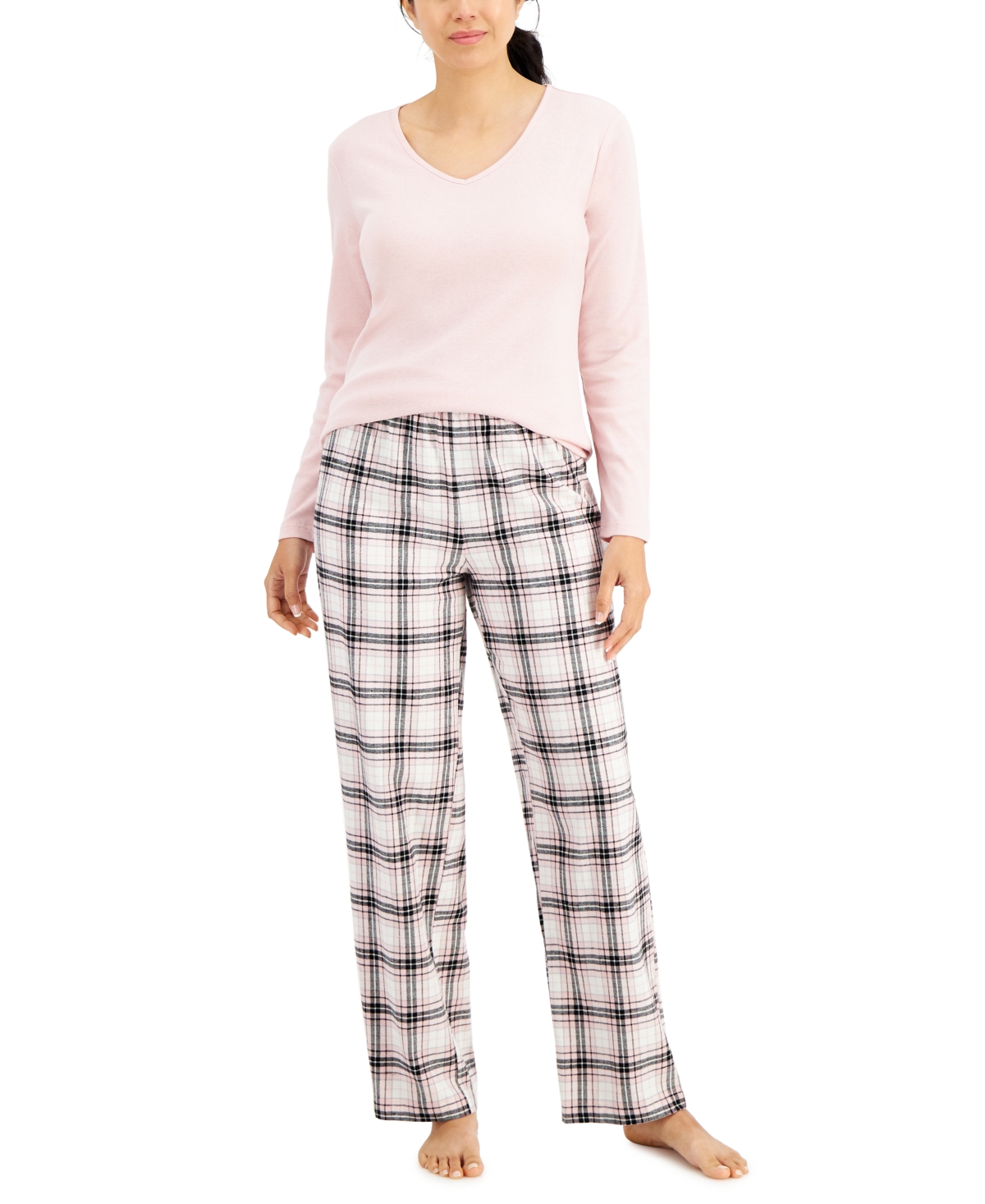 Charter Club V-Neck T-Shirt & Flannel Pants Pajama Set, Created for Macy's