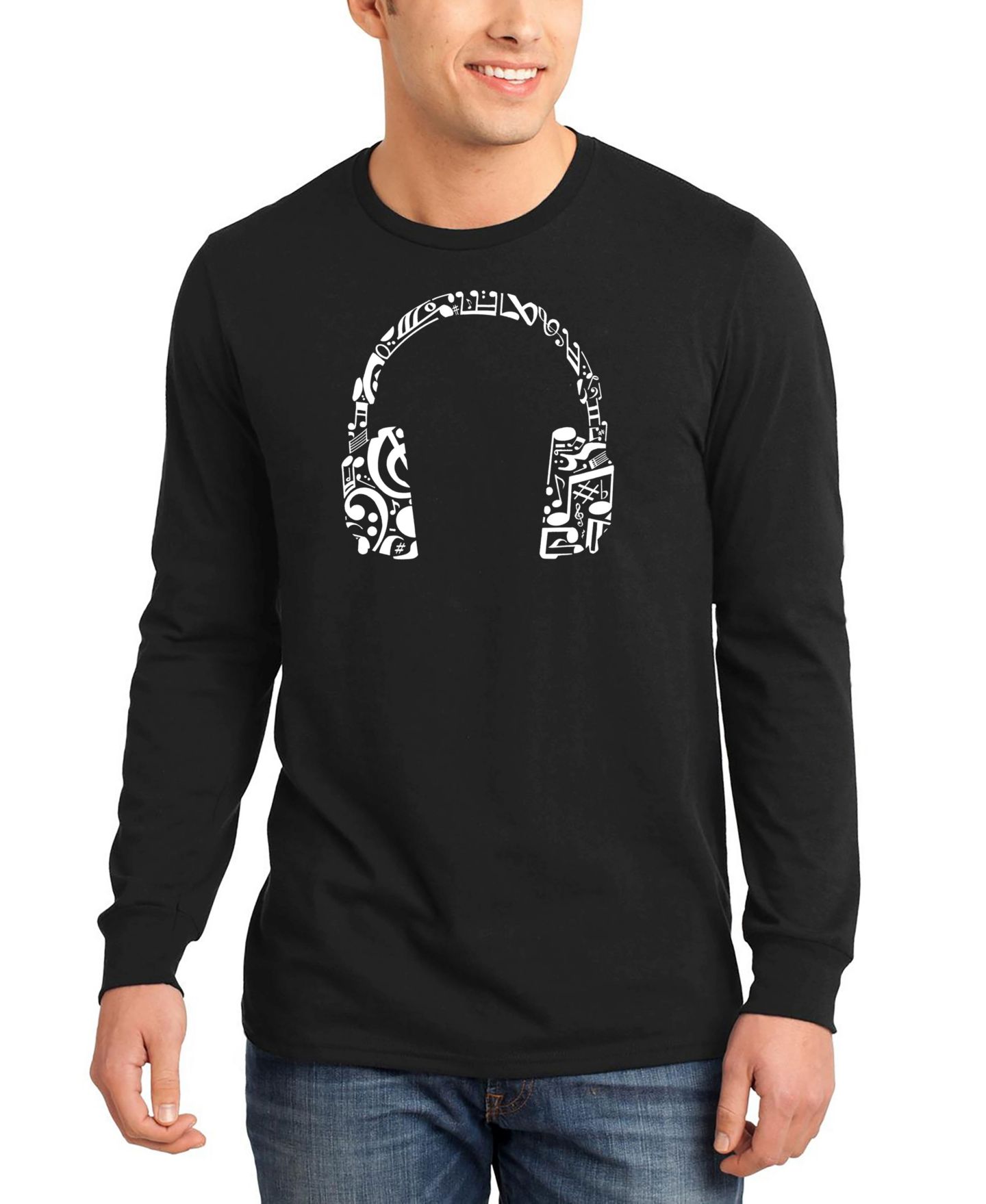 Мужская футболка LA Pop Art Music Note Headphones Word Art Long Sleeve, цвет: Чёрный — фото 1