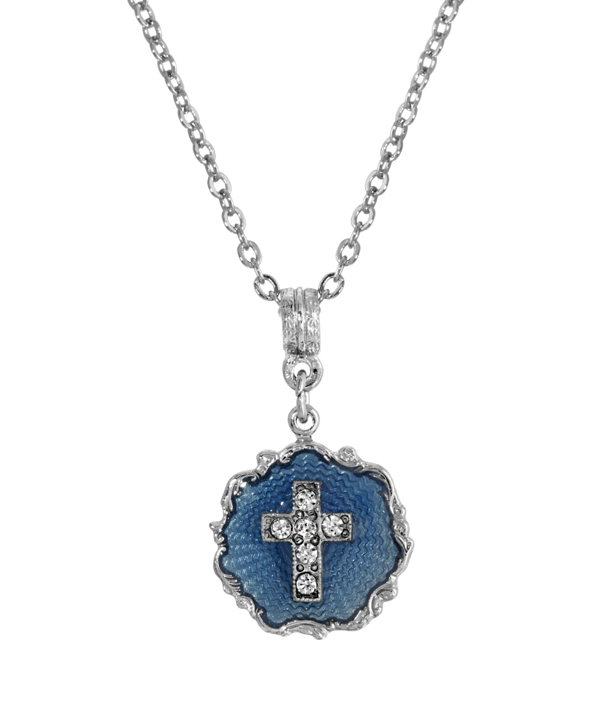 Silver-Tone Blue Enamel Crystal Cross Round Necklace - Blue