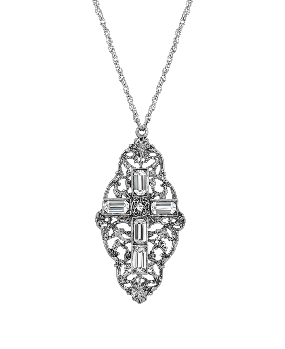Pewter Crystal Cross Necklace - White