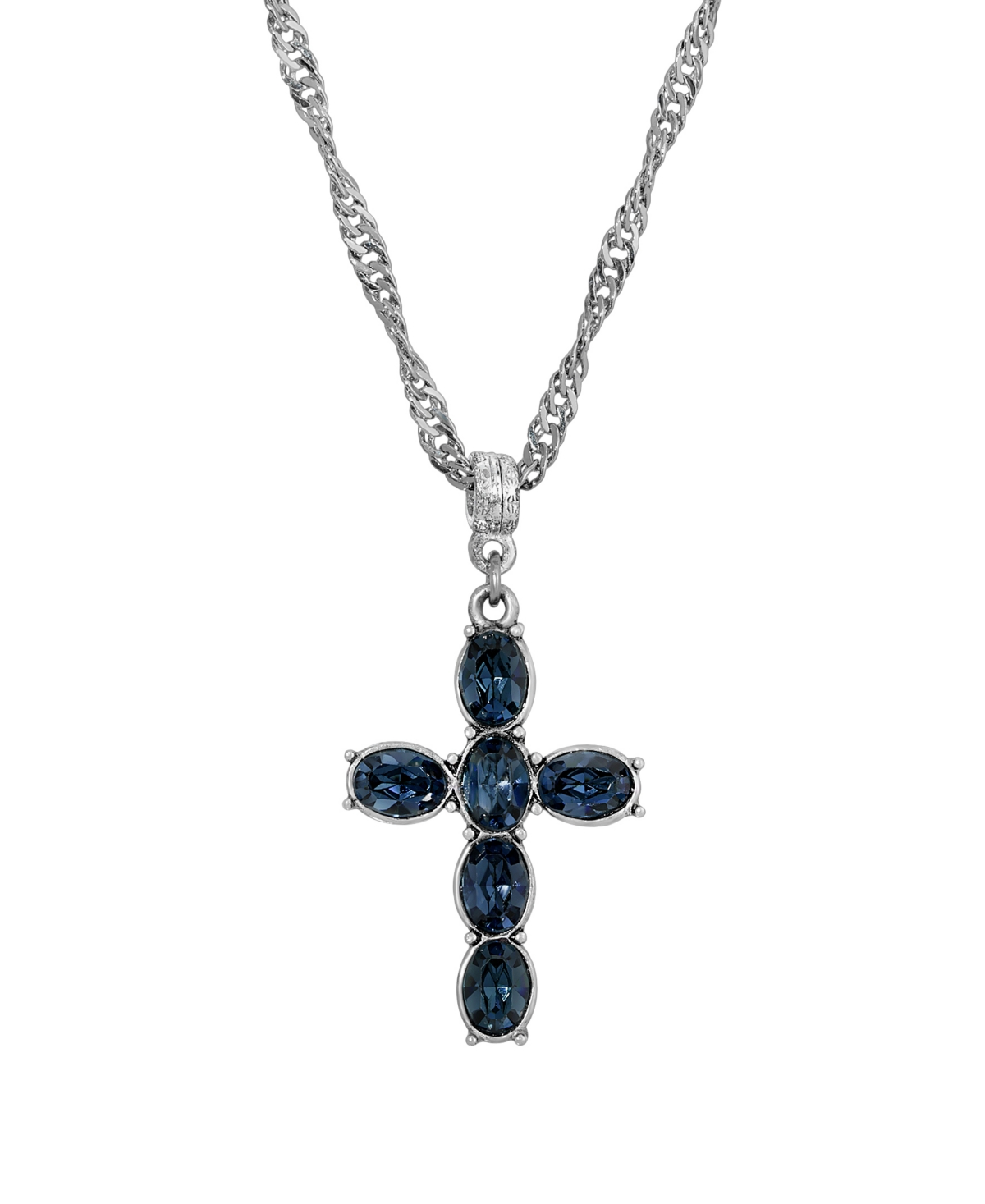 Pewter Blue Crystal Cross Silver-Tone Twisted Necklace - Blue