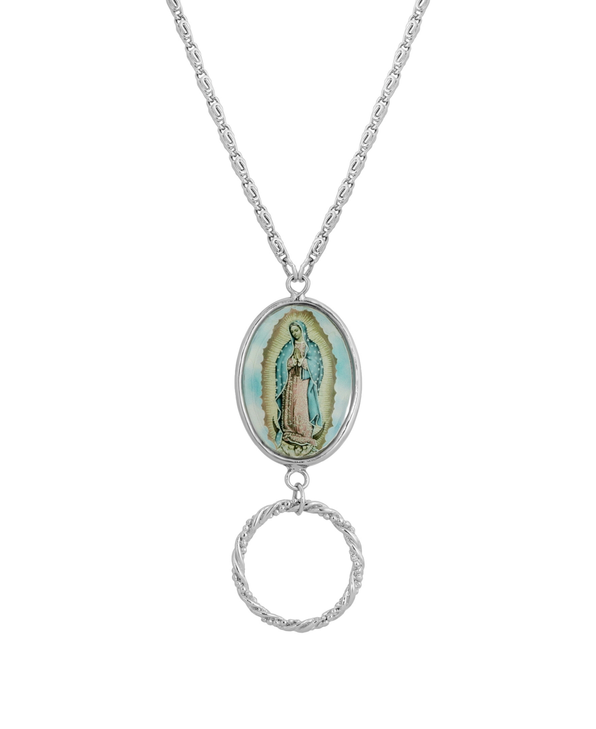 Silver-Tone Oval Lady of Guadalupe Eye Glass Holder Necklace - Blue