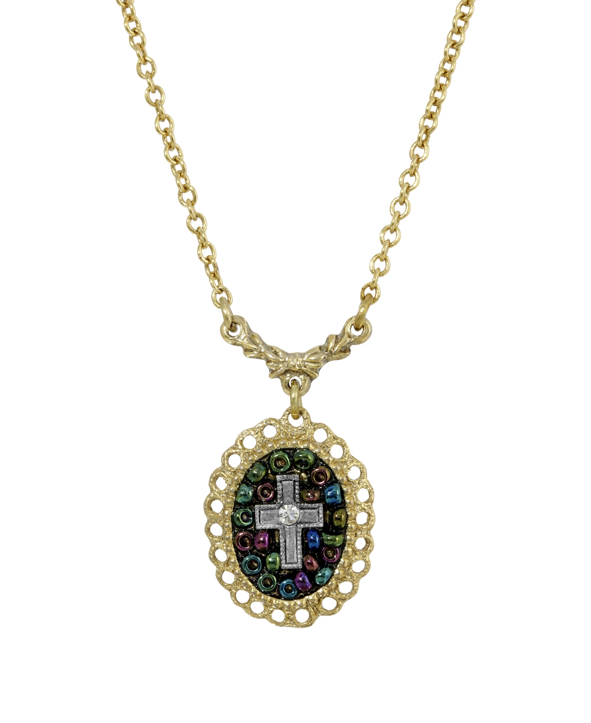 14K Gold Dipped Carded Oval Multi Color Beaded Crystal Cross Necklace - White