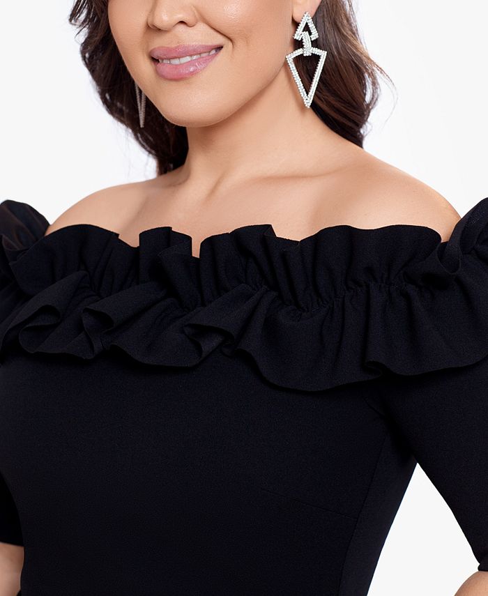 xscape ruffle off the shoulder gown