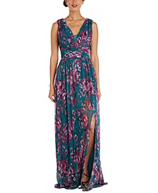 Floral-Print Pleated Gown  